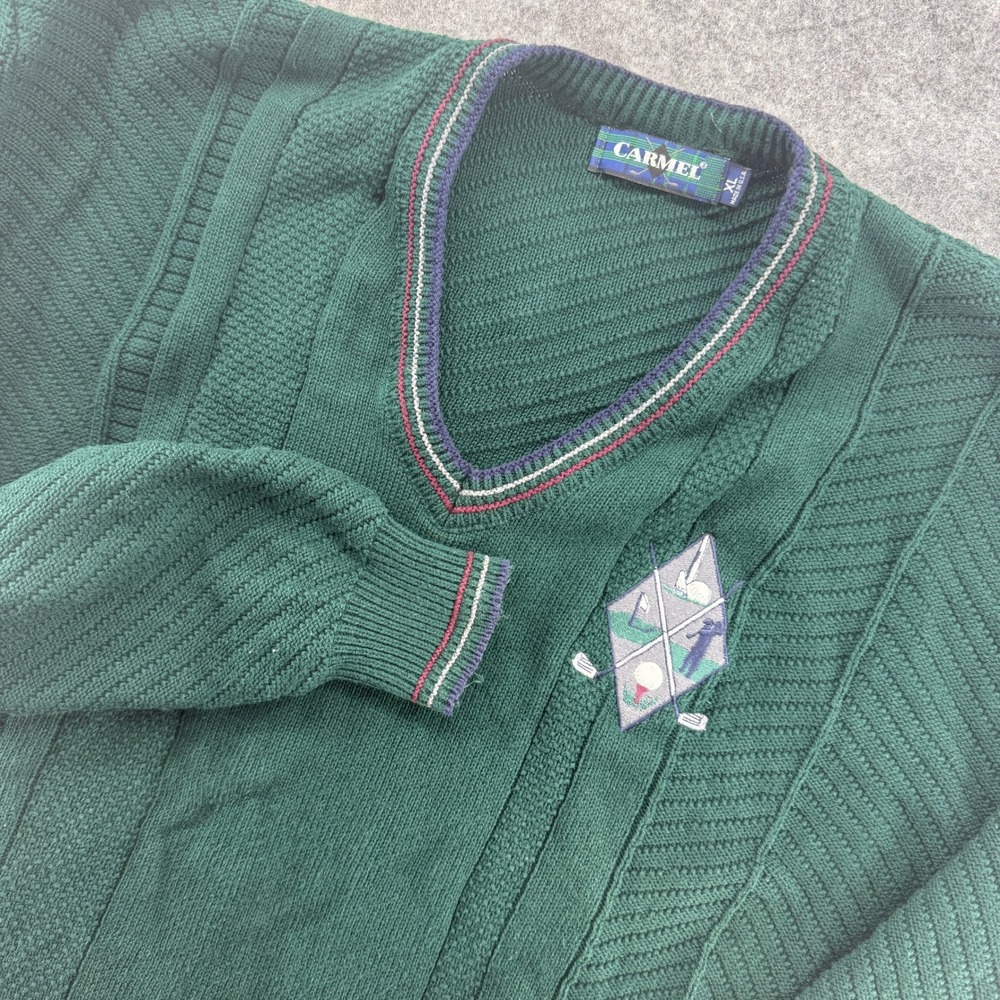 Carmel V-Neck Golf Embroidered Textured Knit USA Sweater Mens XL Green Vintage
